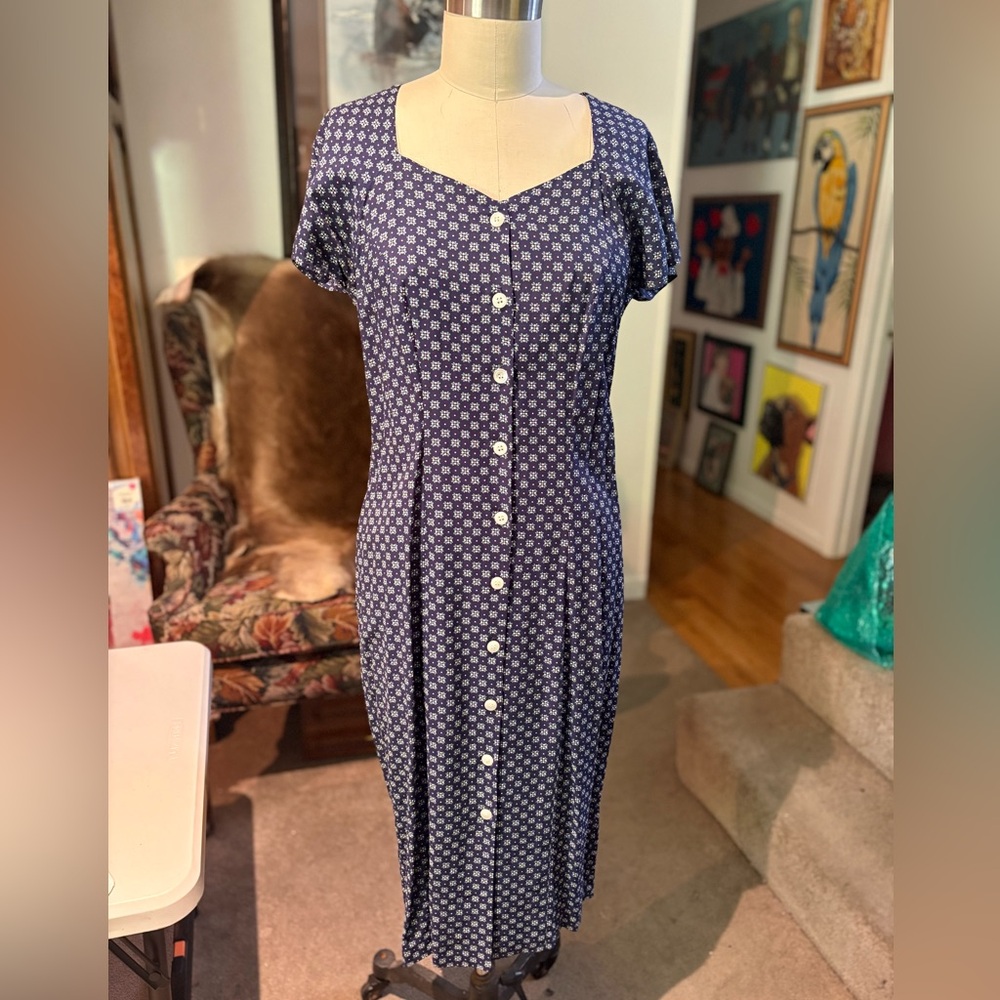 Vintage E.D. Michaels Petites Navy Blue Floral Midi Dress by Melanie Drucker